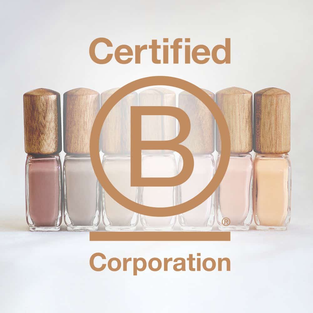 sienna bcorp certification logo in brown with nail polish glass bottle with timber cap