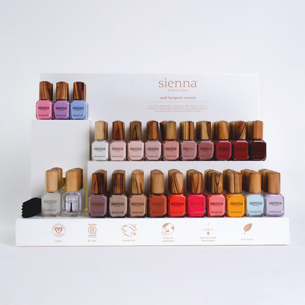 large white display stand with Sienna nail polish