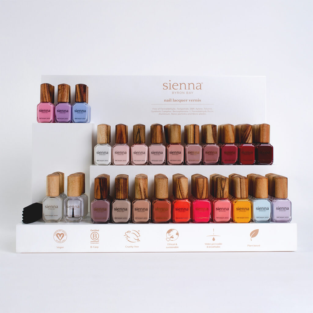 large white display stand with Sienna nail polish
