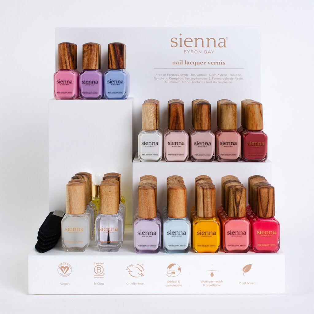 small white display stand with Sienna nail polish
