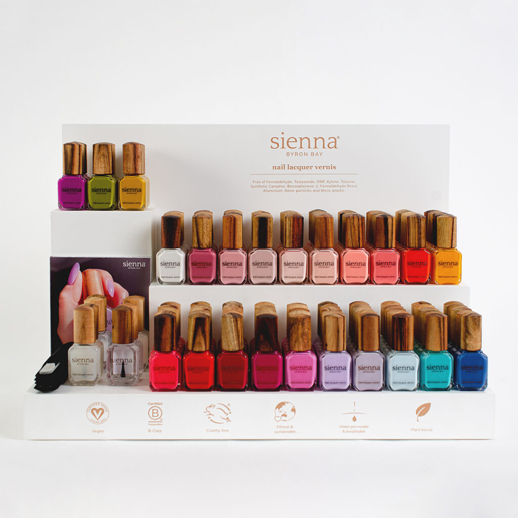 Large white nail polish display stand with summer colours by sienna